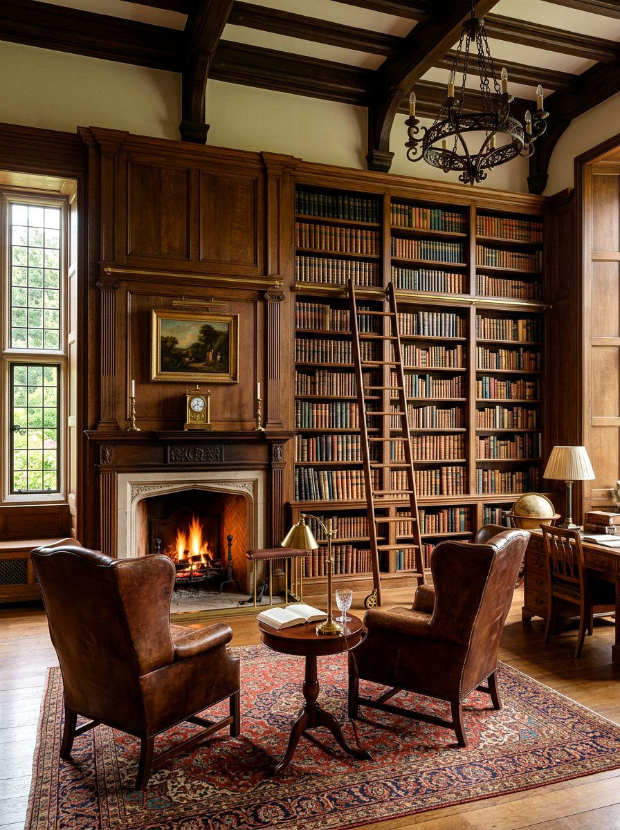Library Wall Living Room - 30 moody English living room ideas