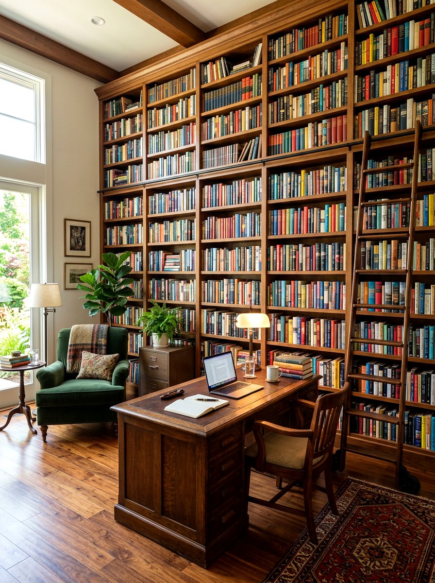 Library Wall Office - 30 cozy office ideas