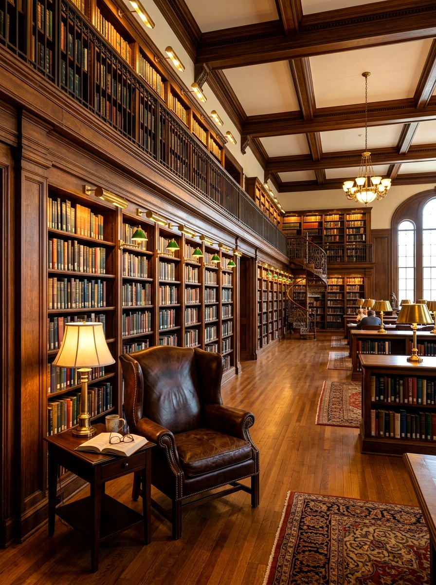 Library With Brass Picture Lights - 30 paneled library ideas