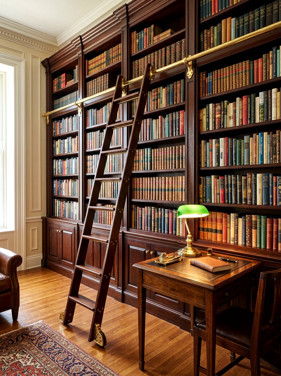 Library ladder brass rail - 30 cozy library fall ideas