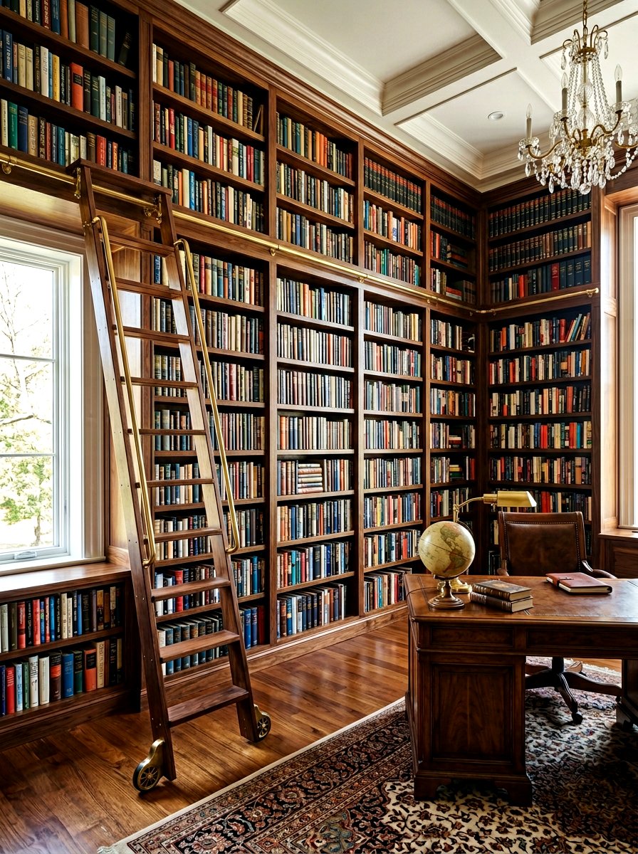 Library ladder for home office - 30 office bookshelf styling ideas