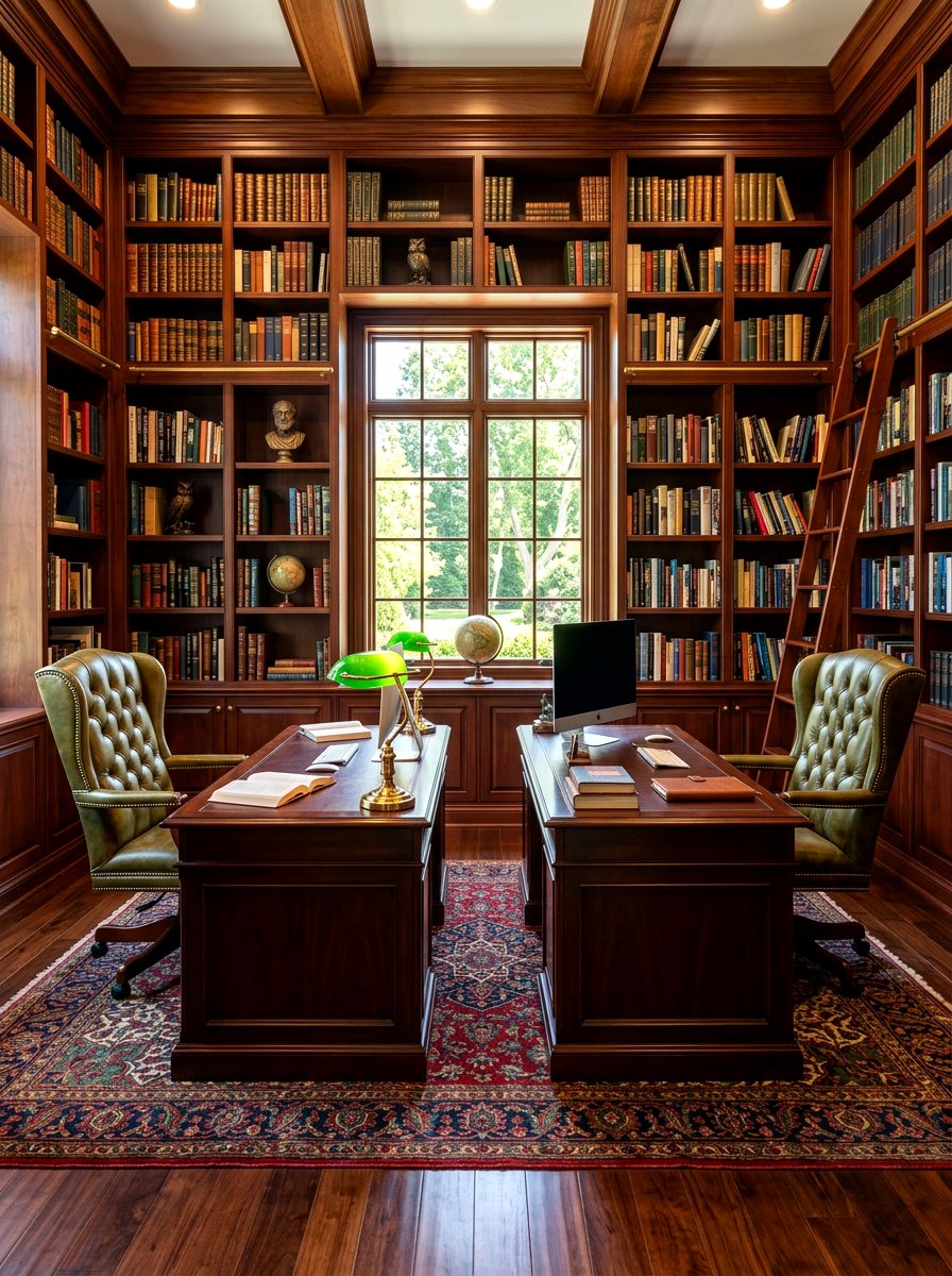Library style shared home office - 30 double desk office ideas
