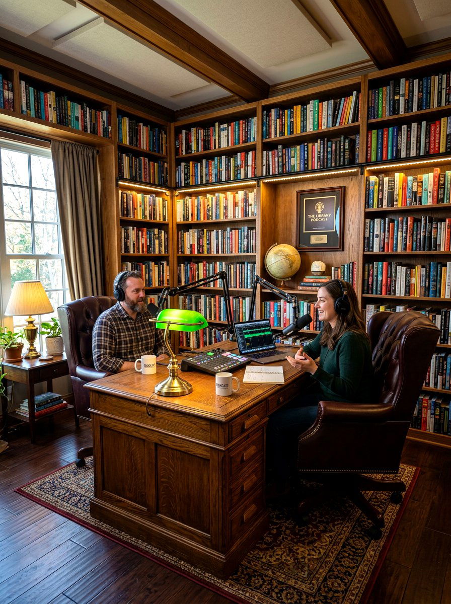 Library themed podcast studio - 30 podcast room ideas