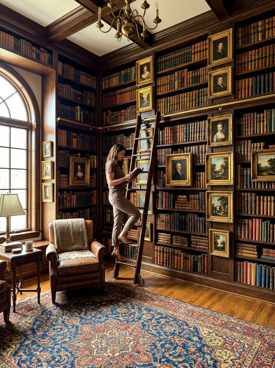 Library wall vintage paintings - 30 vintage portrait wall ideas