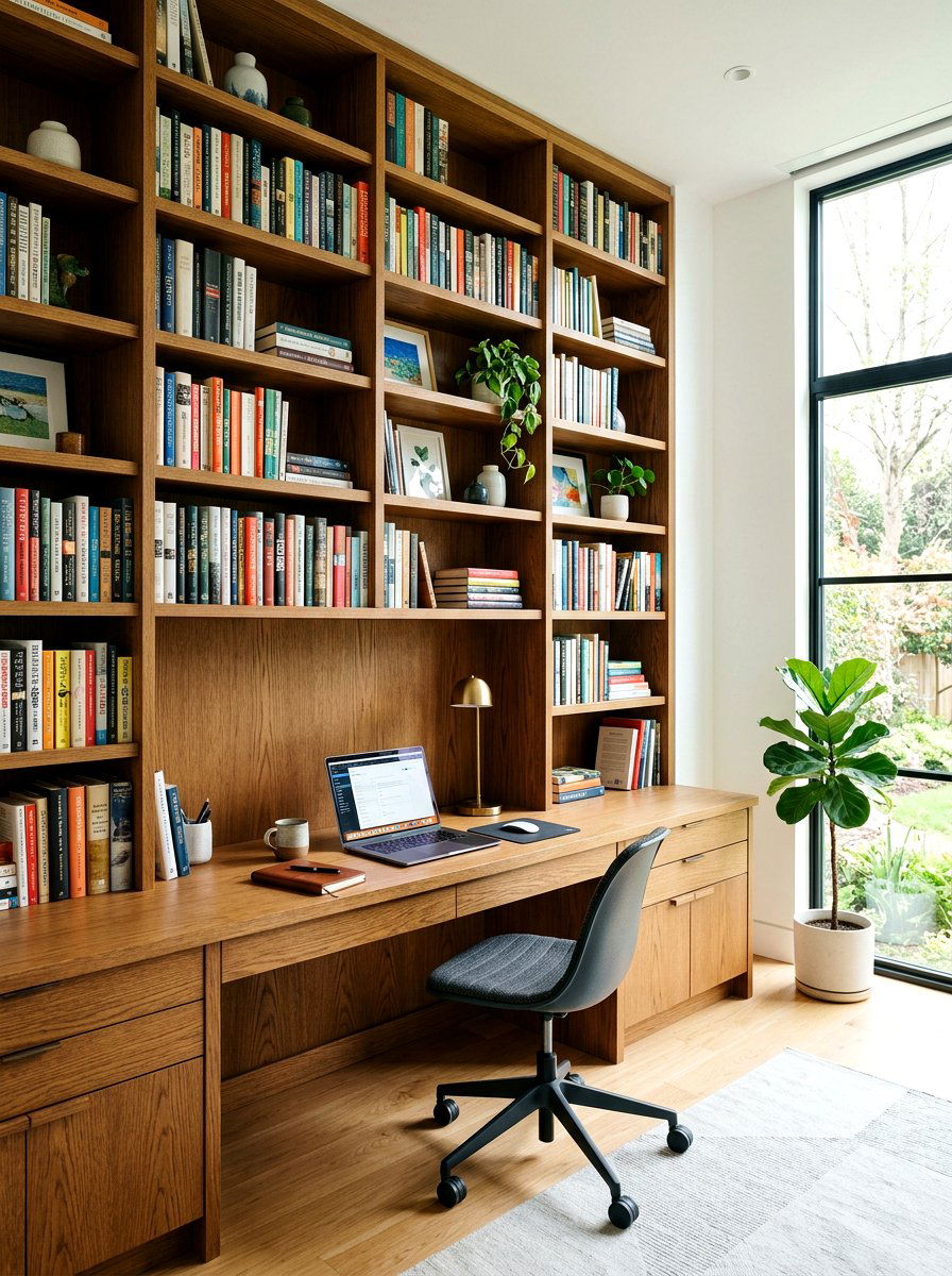 Library wall with integrated desk - 30 library wall ideas