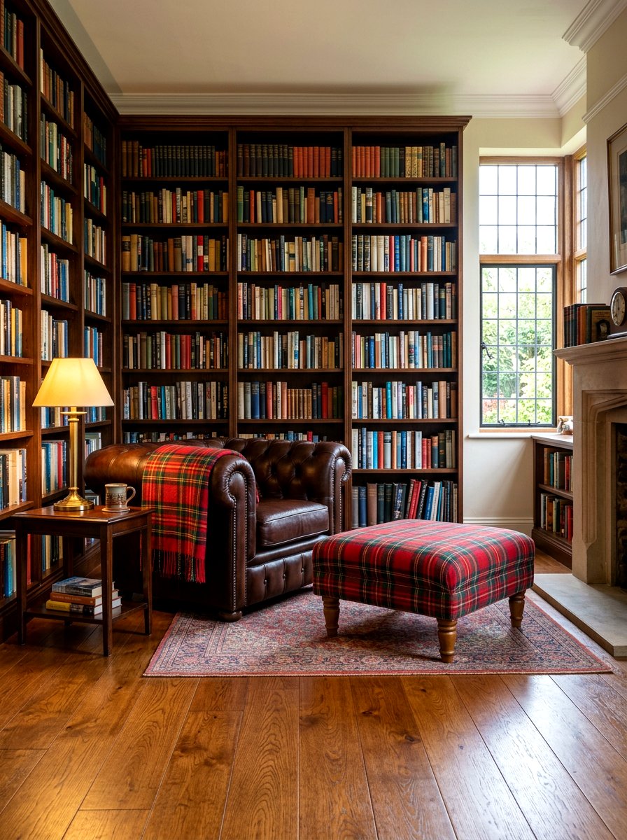 Library warm plaid accents - 30 cozy library fall ideas