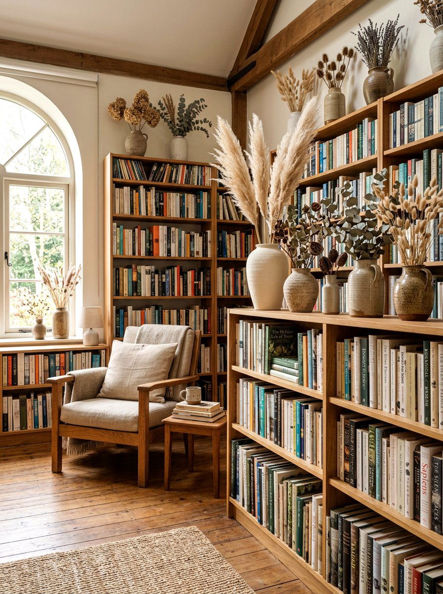 Library with dried flowers - 30 cozy library fall ideas
