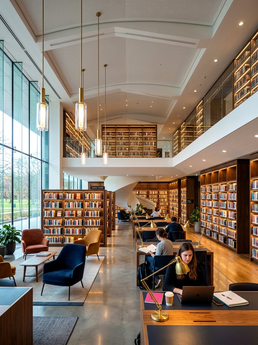 Library with layered lighting - 30 cozy library fall ideas