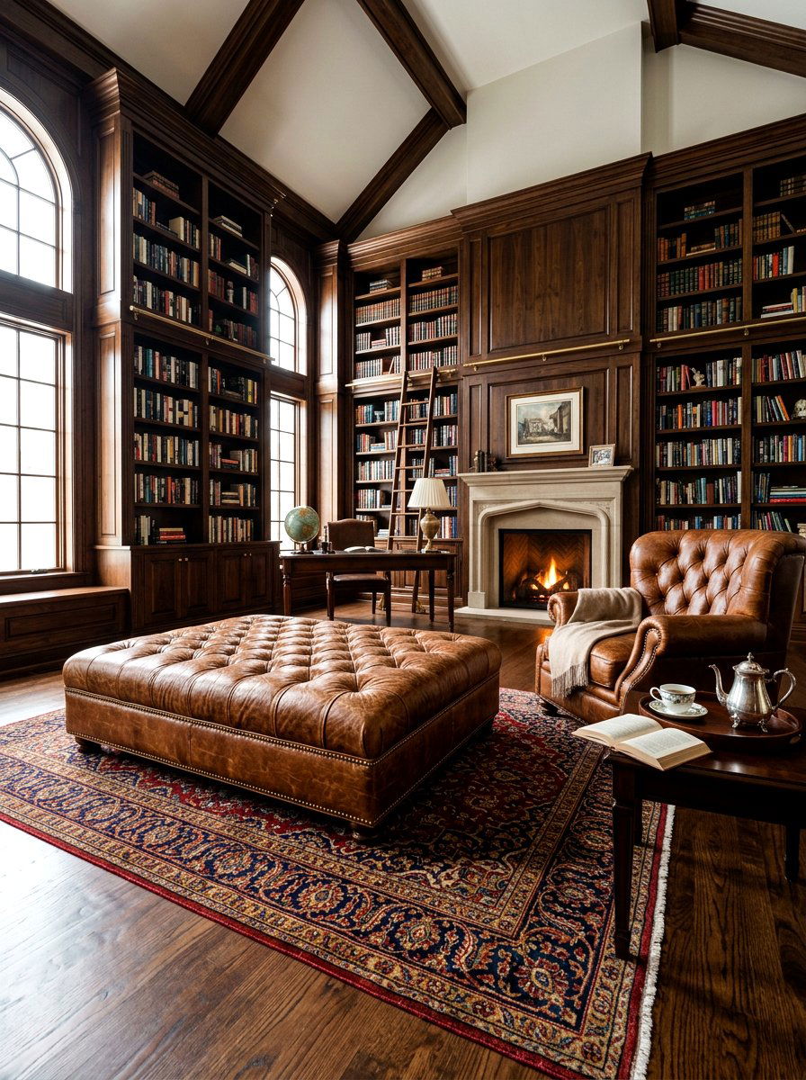 Library with leather ottoman - 30 cozy library fall ideas