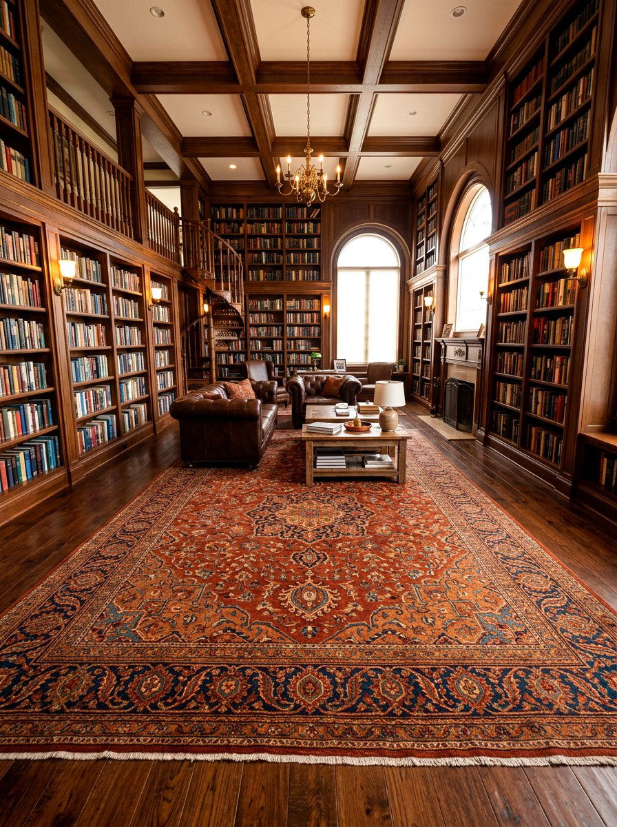 Library with oversized rug - 30 cozy library fall ideas