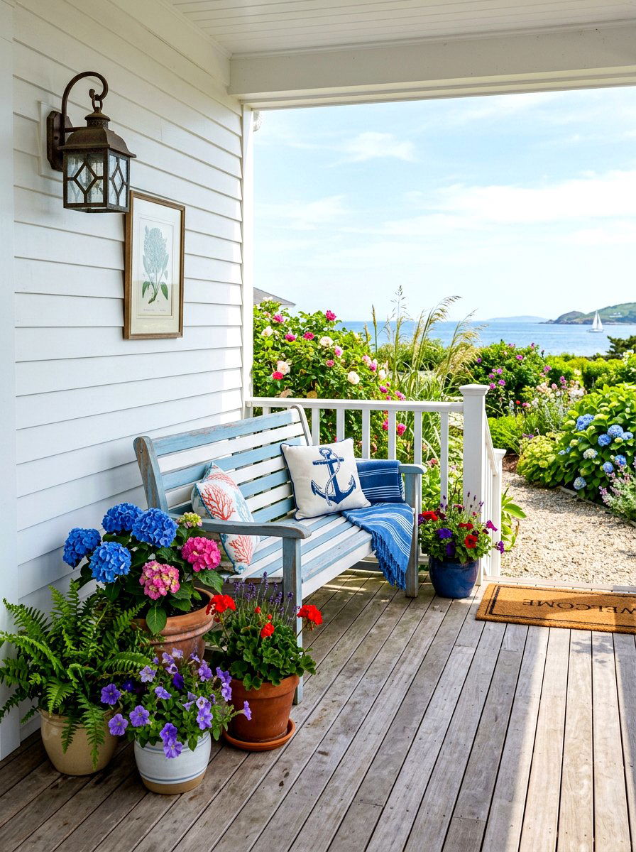 Light Blue And White Stripe Porch Bench - 30 blue and white stripe porch ideas