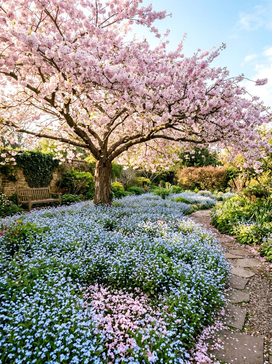 Light Blue Forget Me Not Bed - 30 pastel flower bed ideas