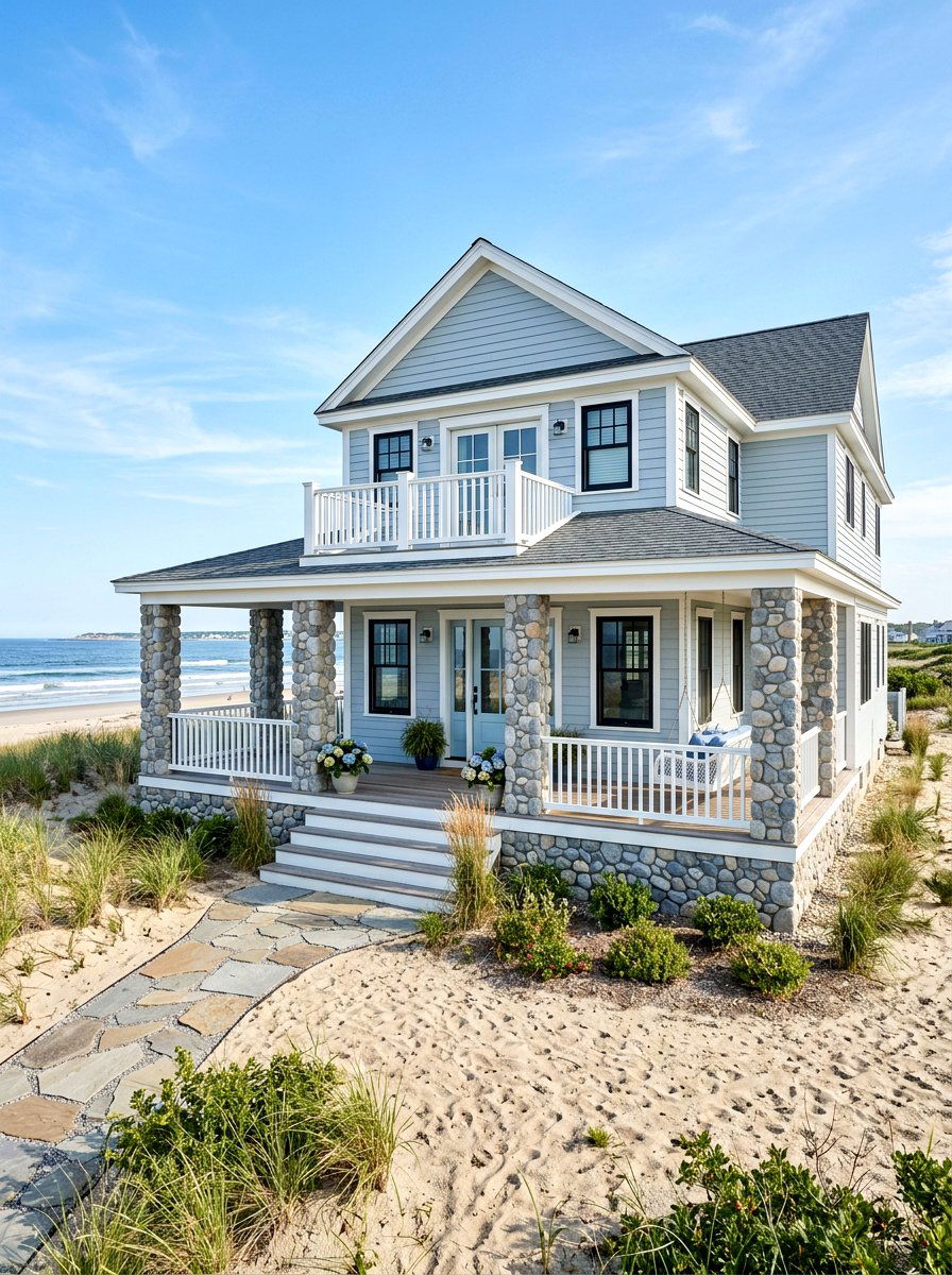 Light Blue Siding With Gray River Rock - 30 mixed siding exterior ideas