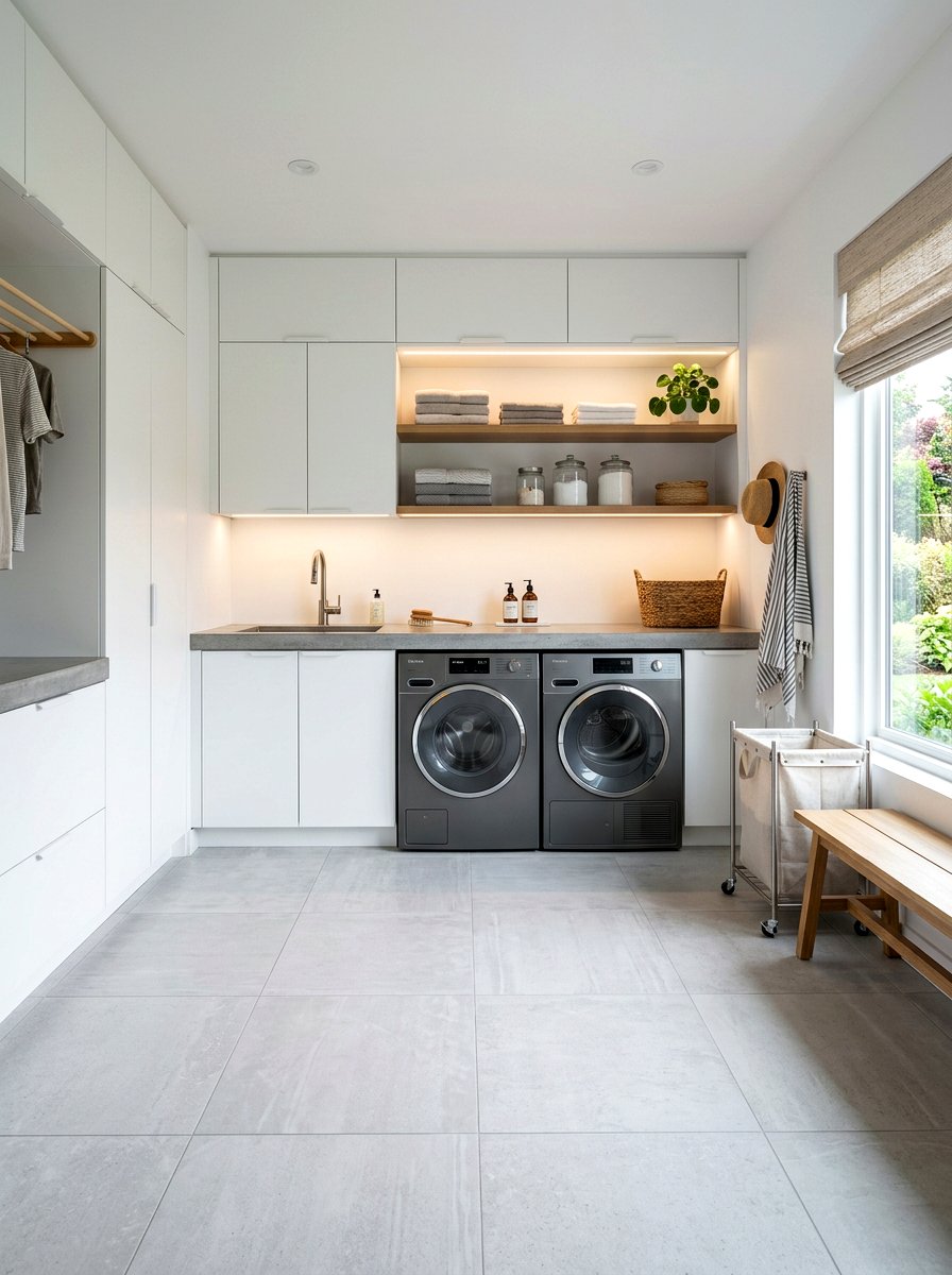 Light Gray Large Format Tile - 30 laundry room floor tile ideas