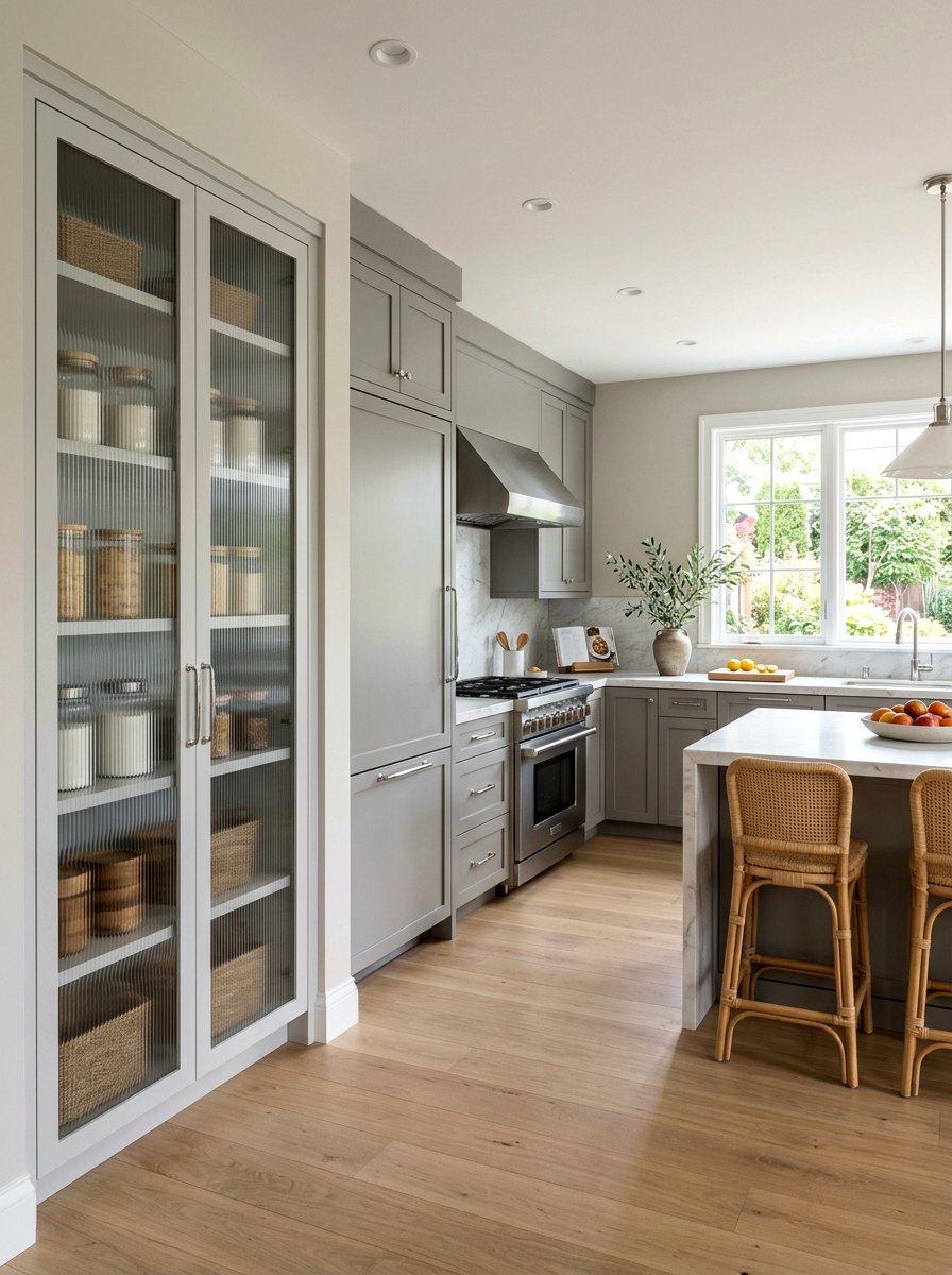Light Gray Reeded Glass Pantry - 30 reeded glass pantry ideas