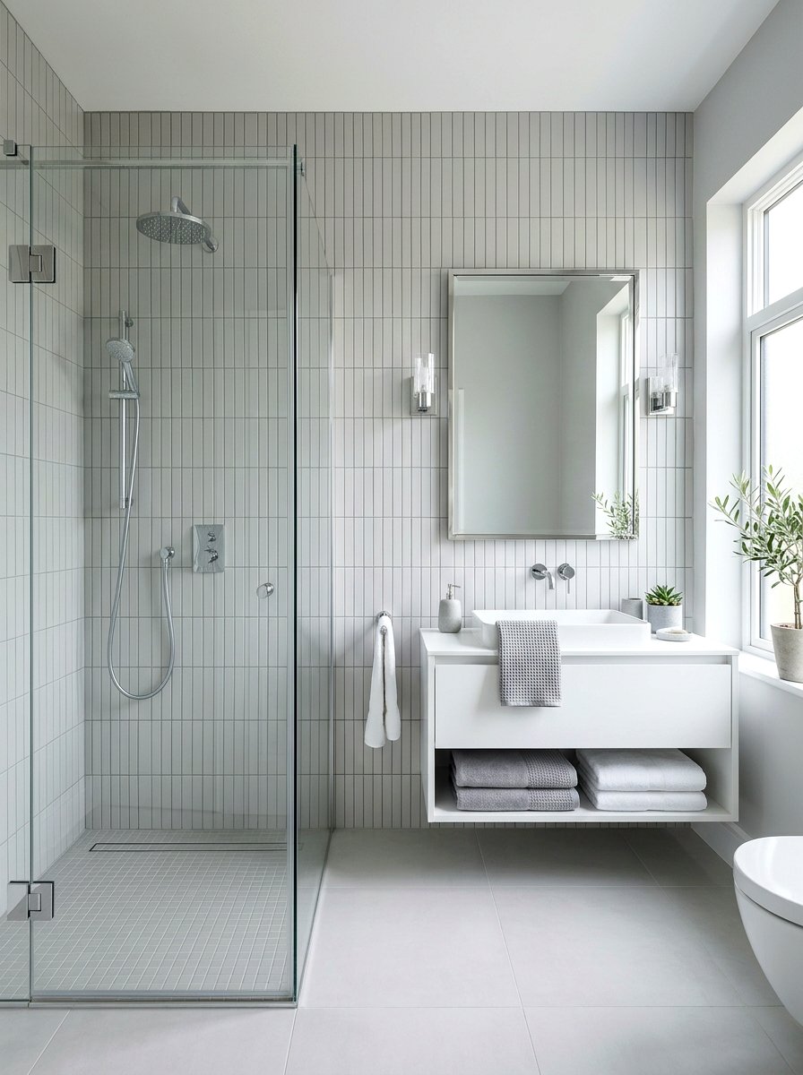 Light Gray Vertical Stack Tile - 30 vertical tile shower ideas