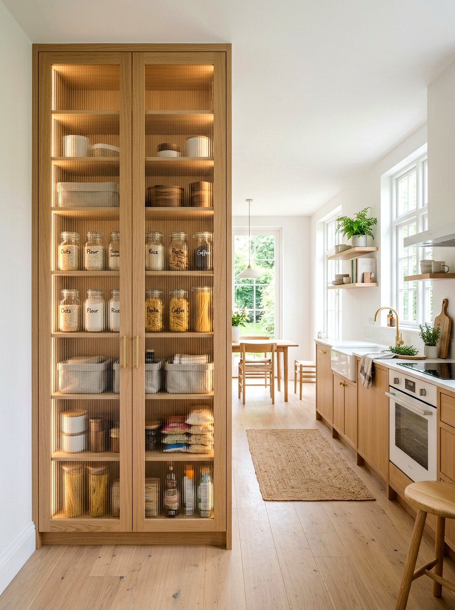 Light Oak Reeded Glass Kitchen Pantry - 30 ribbed glass cabinet ideas
