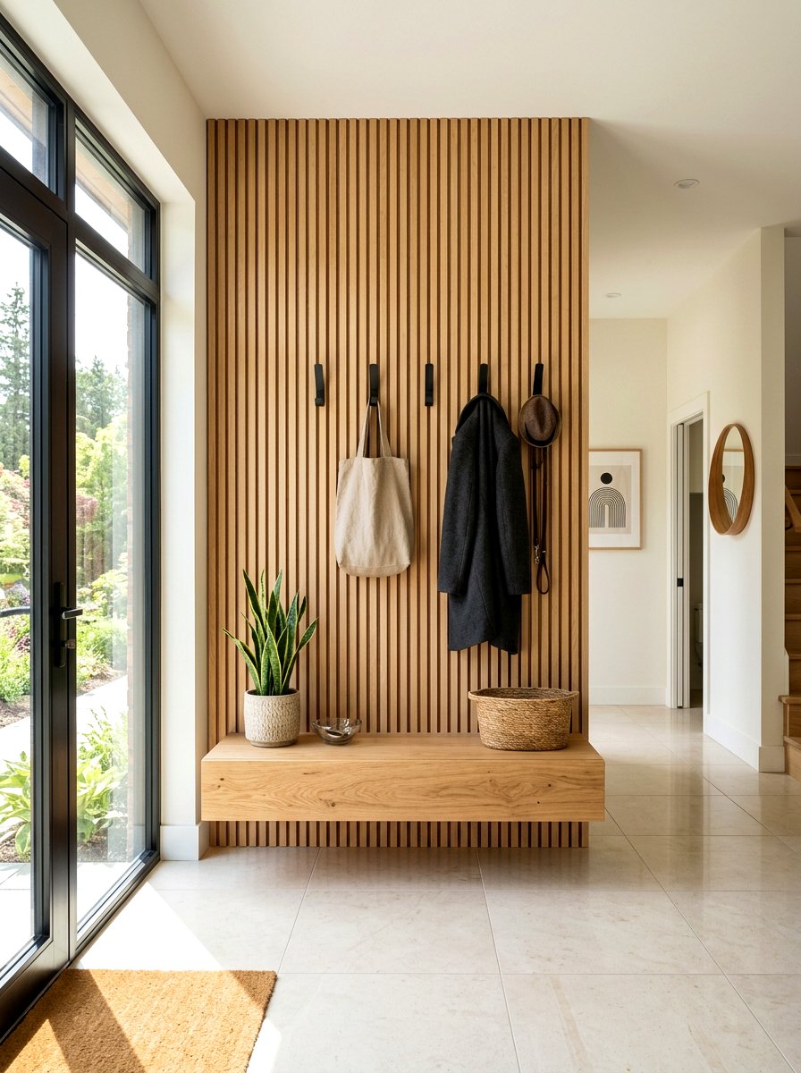 Light Oak Wood Slat Wall - 30 trim drenched foyer ideas