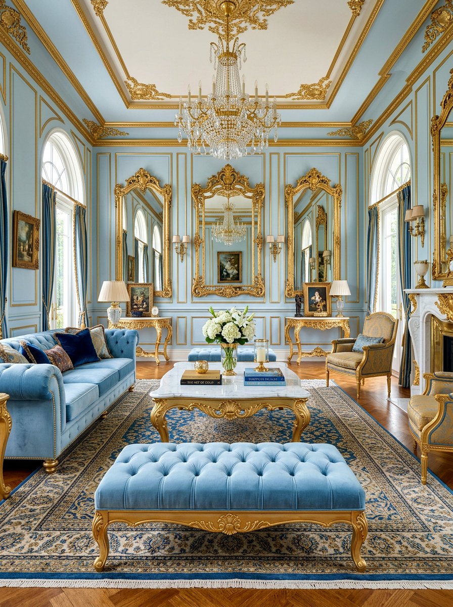 Light blue and gold living room - 30 soft blue living room ideas
