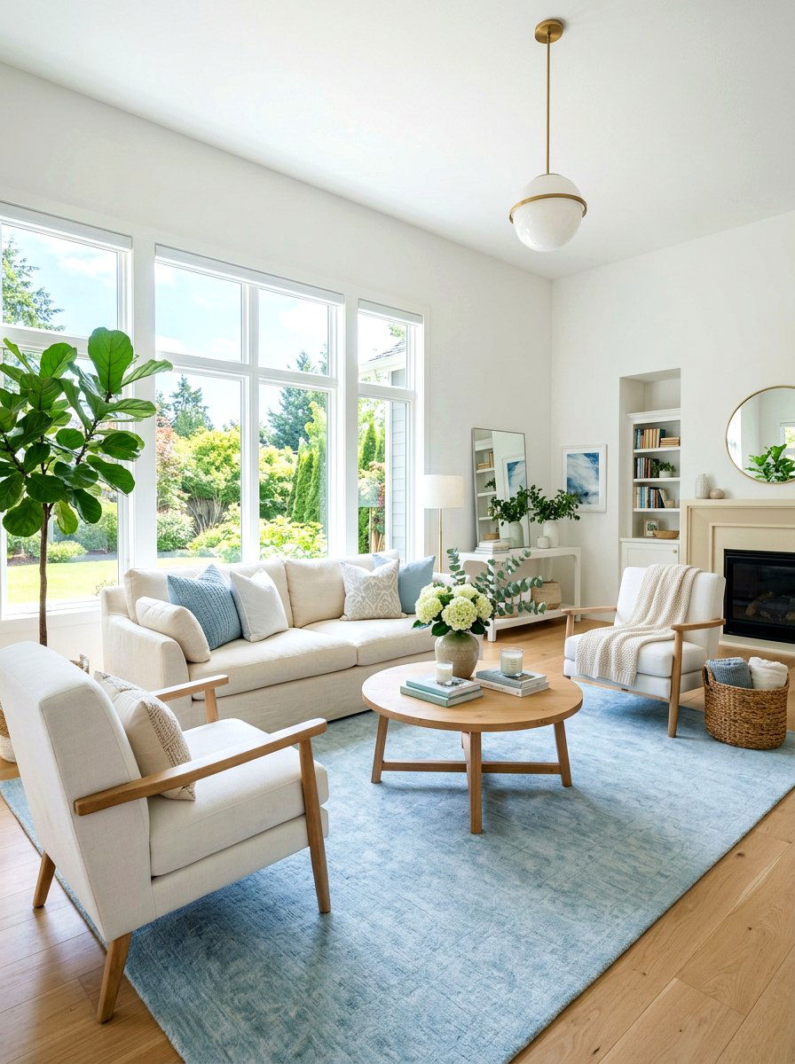 Light blue area rug - 30 blue and white living room decor ideas