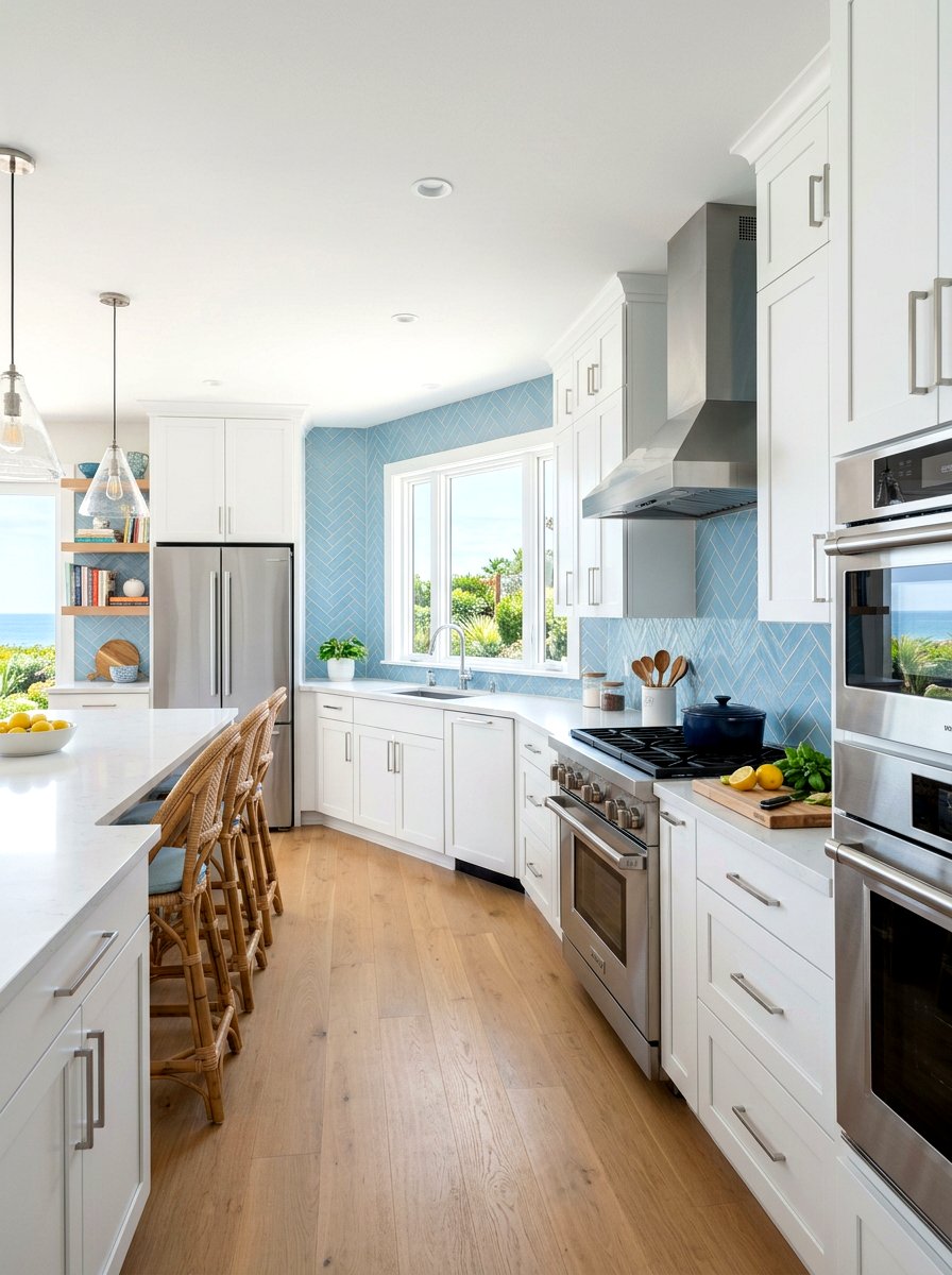 Light blue backsplash tile - 30 denim blue kitchen ideas
