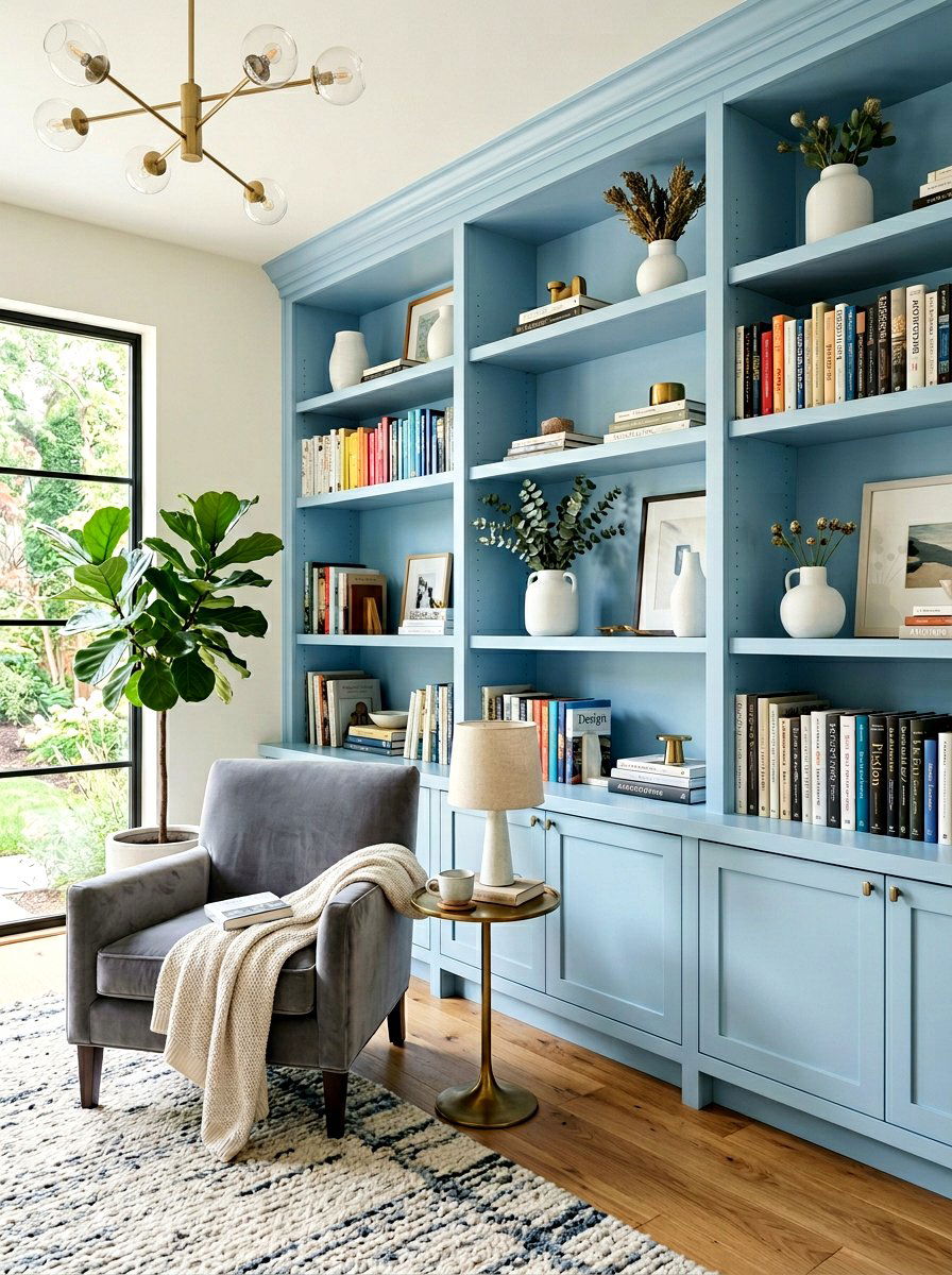 Light blue built in shelves - 30 soft blue living room ideas