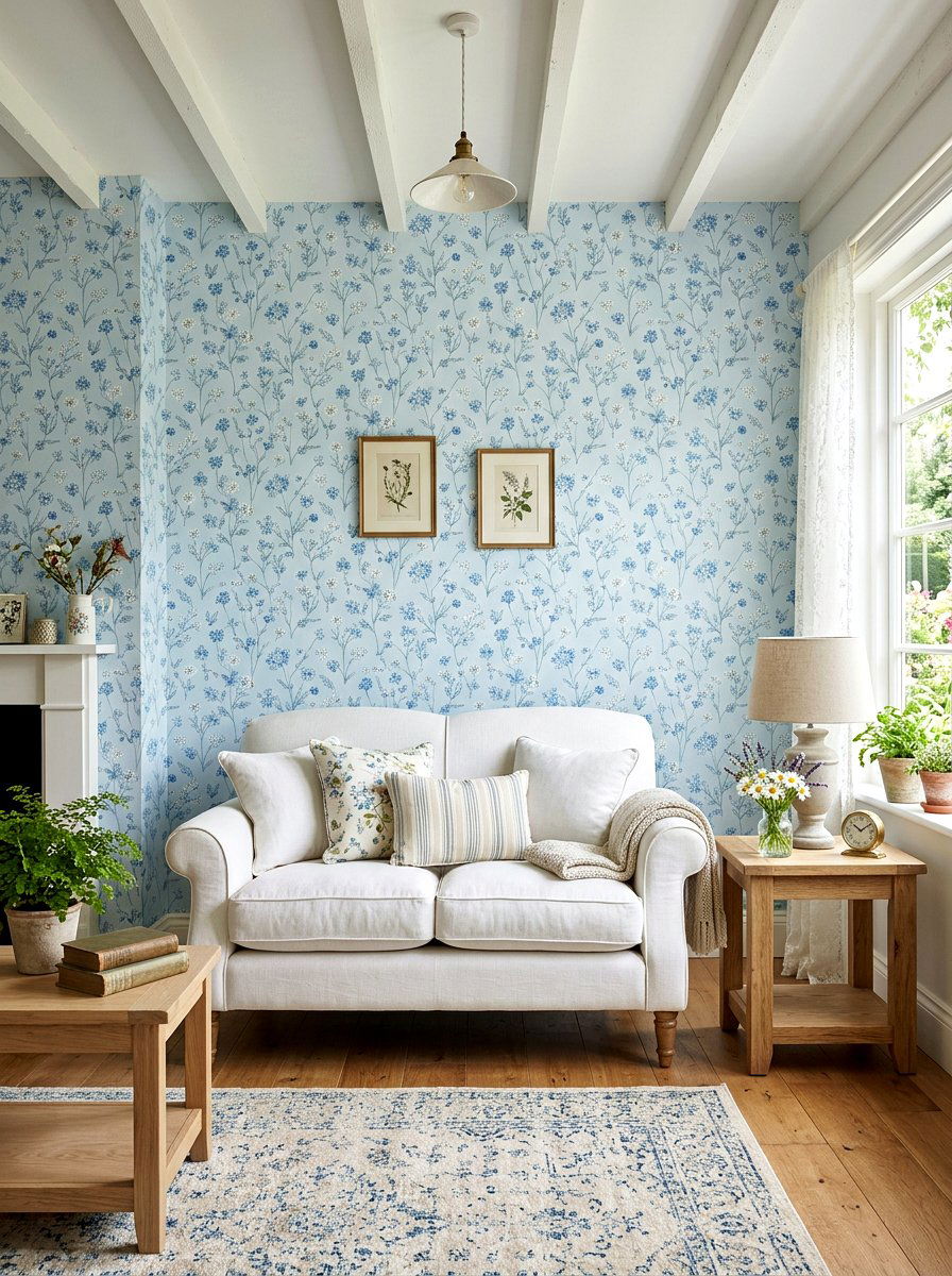 Light blue floral wallpaper - 30 soft blue living room ideas