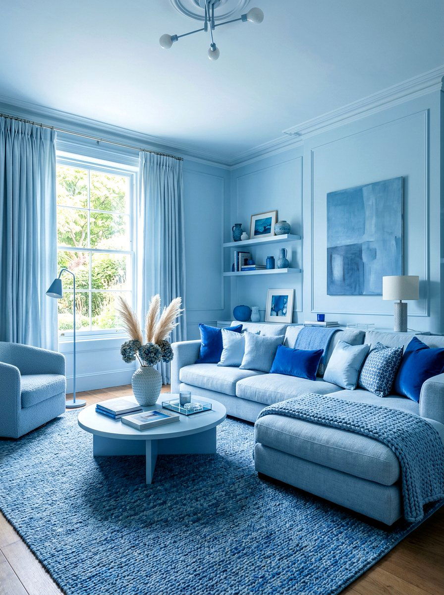 Light blue monochromatic living room - 30 soft blue living room ideas