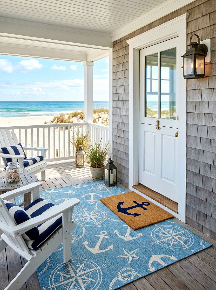 Light blue nautical rug - 30 porch doormat layering ideas