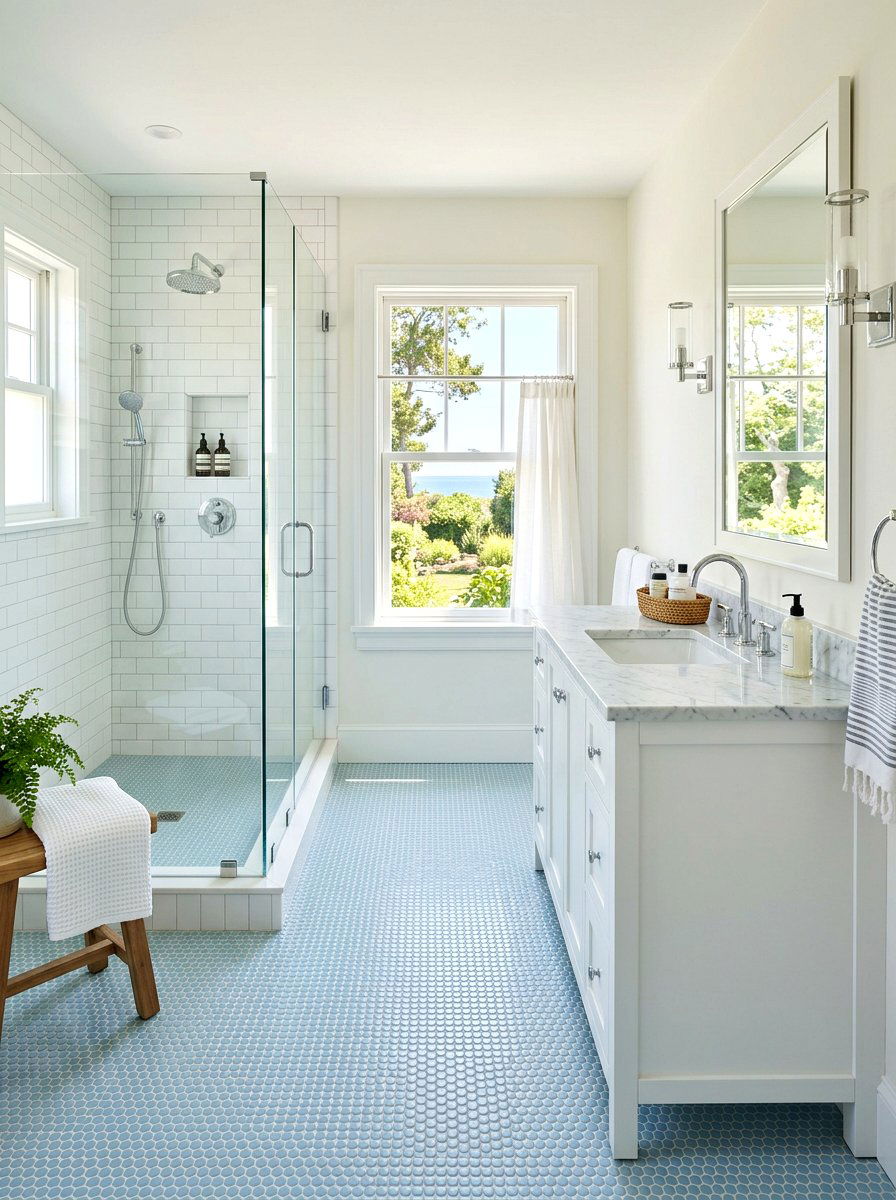 Light blue penny tile - 30 penny tile bathroom ideas