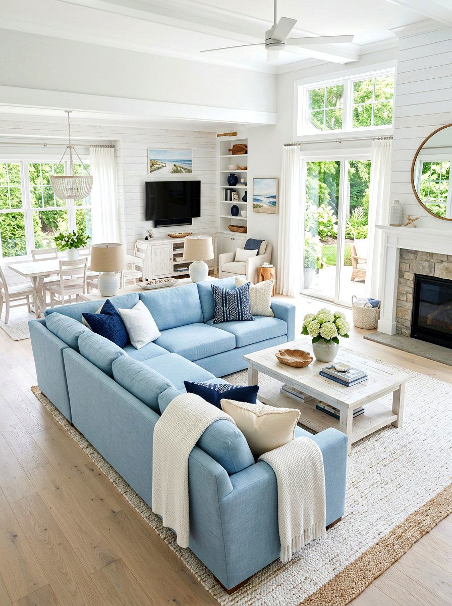 Light blue sectional - 30 blue and white living room decor ideas