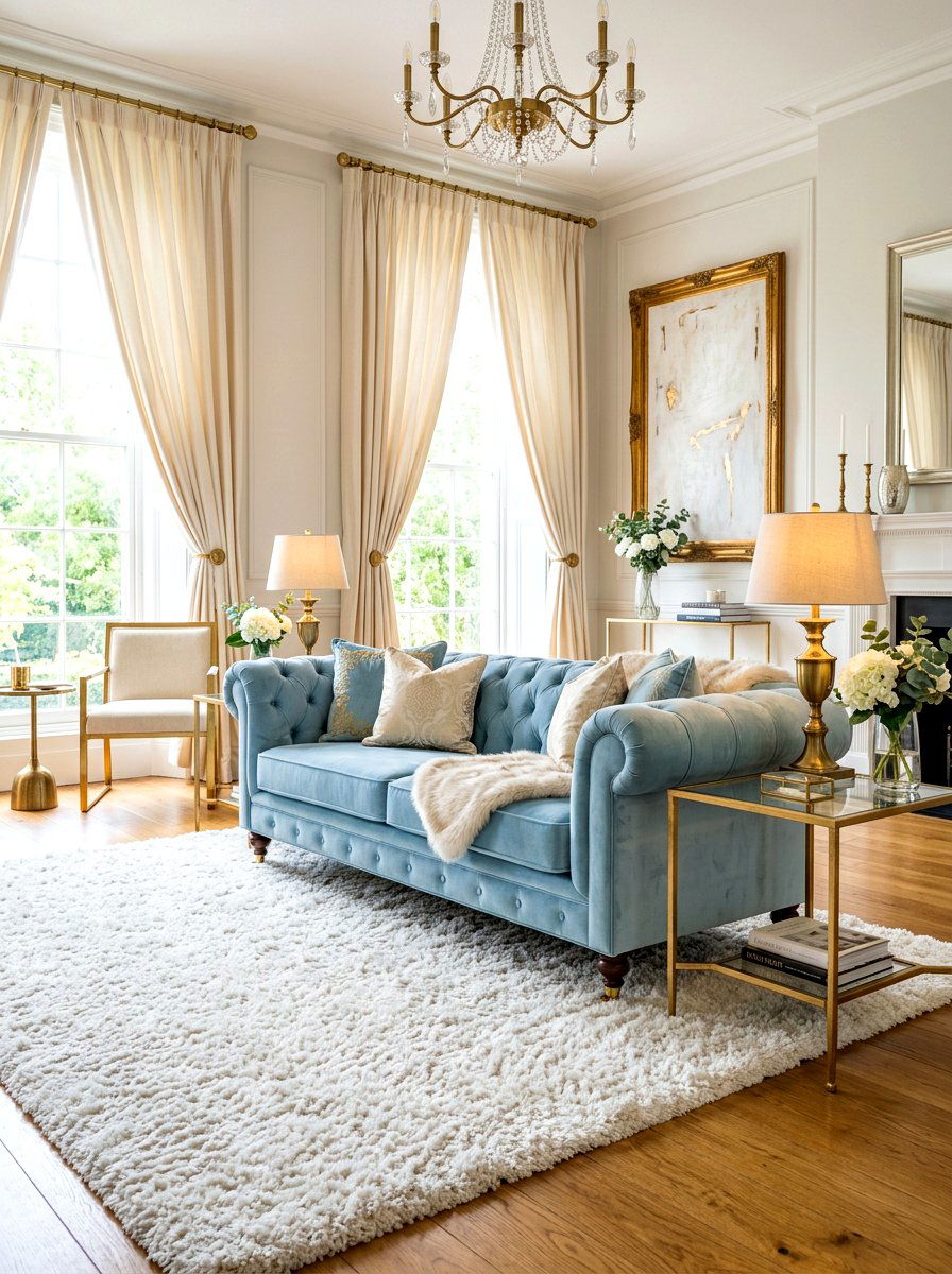 Light blue velvet sofa - 30 soft blue living room ideas