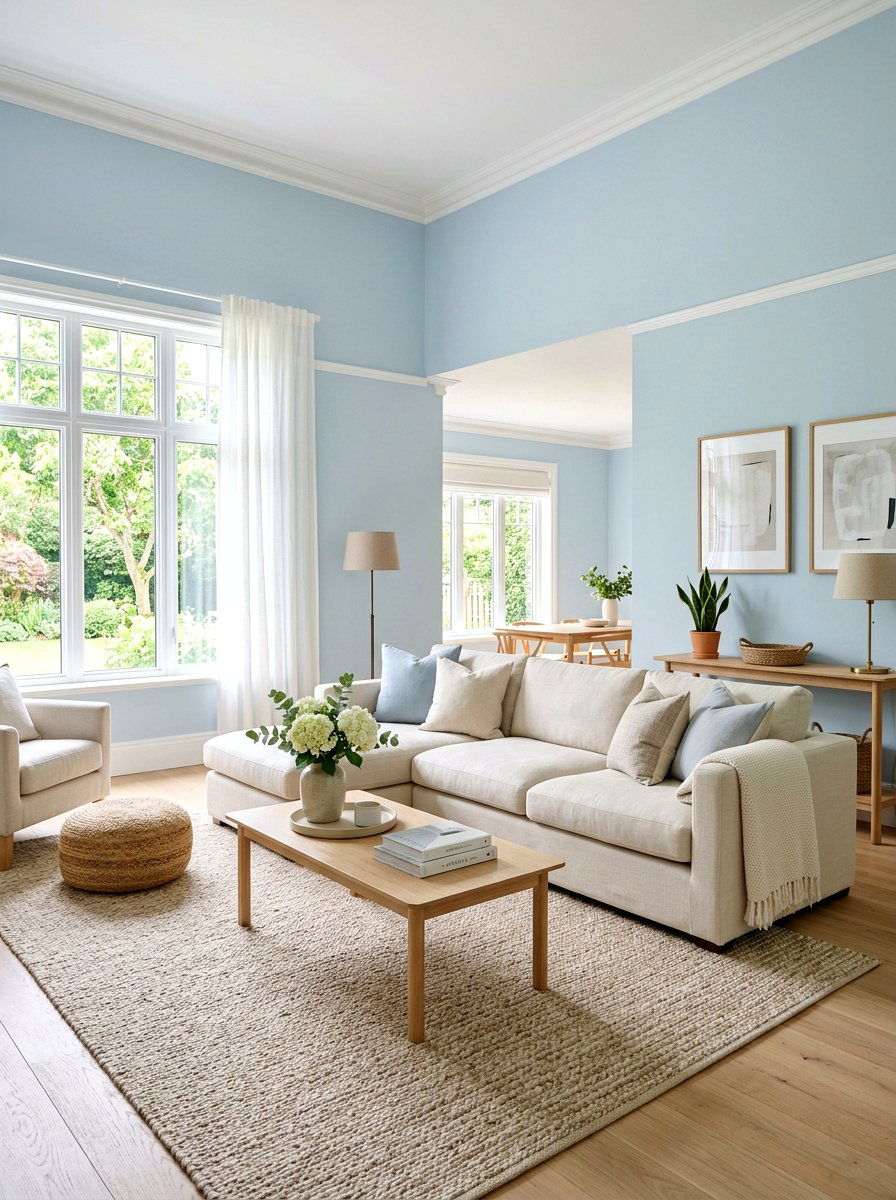 Light blue walls beige furniture - 30 blue and beige living room ideas