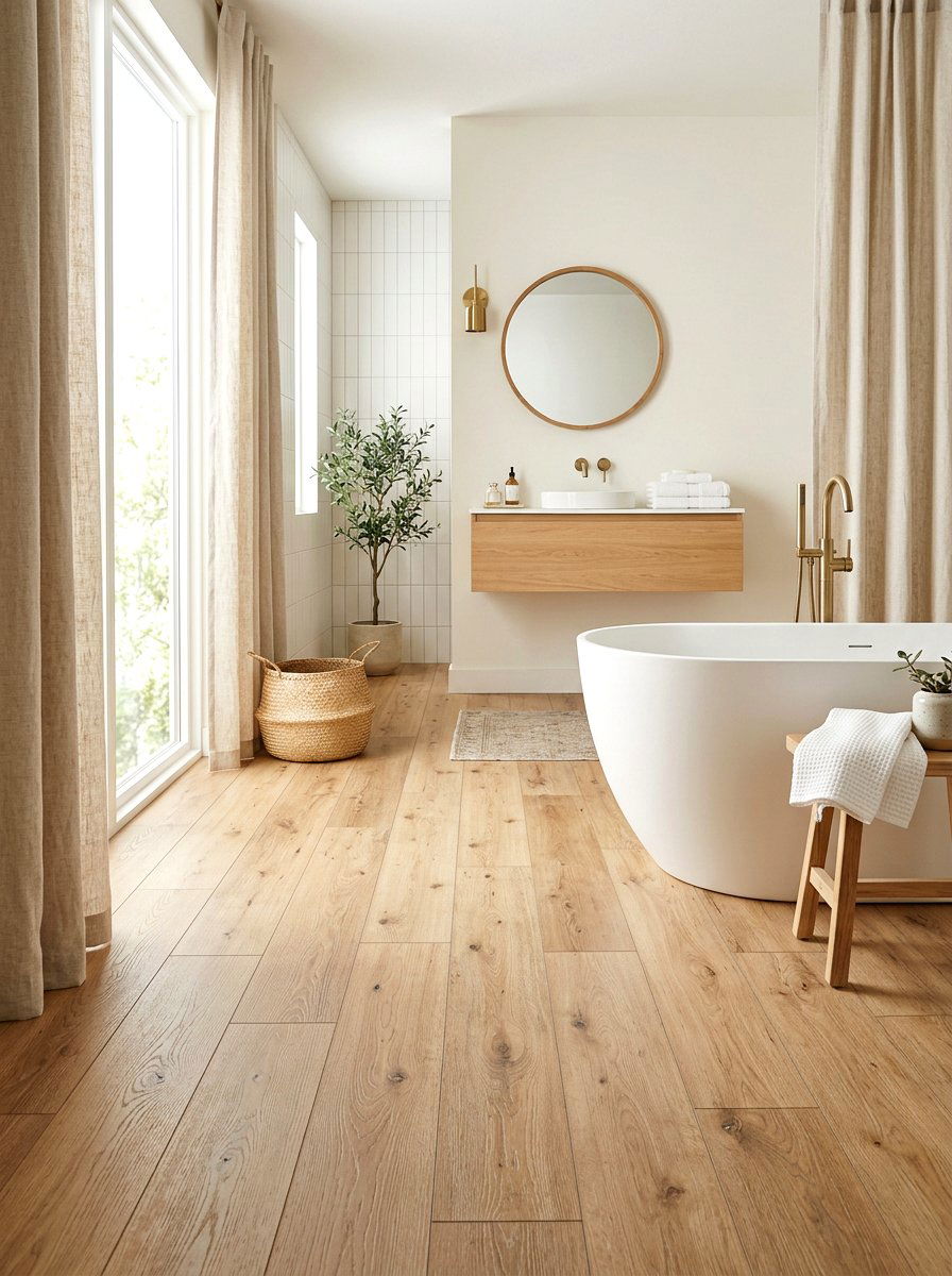 Light oak wood look floor planks - 30 removable tile bathroom ideas
