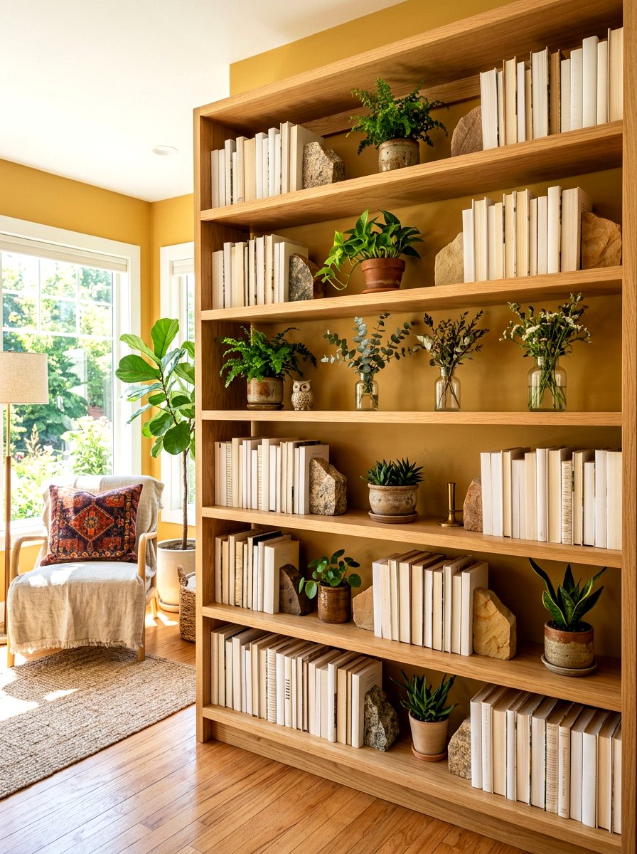 Light wood bookshelf - 30 bookshelf spring styling ideas