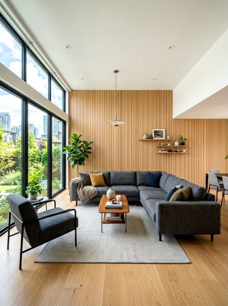 Light wood paneling with gray upholstery - 30 warm gray and wood living room ideas