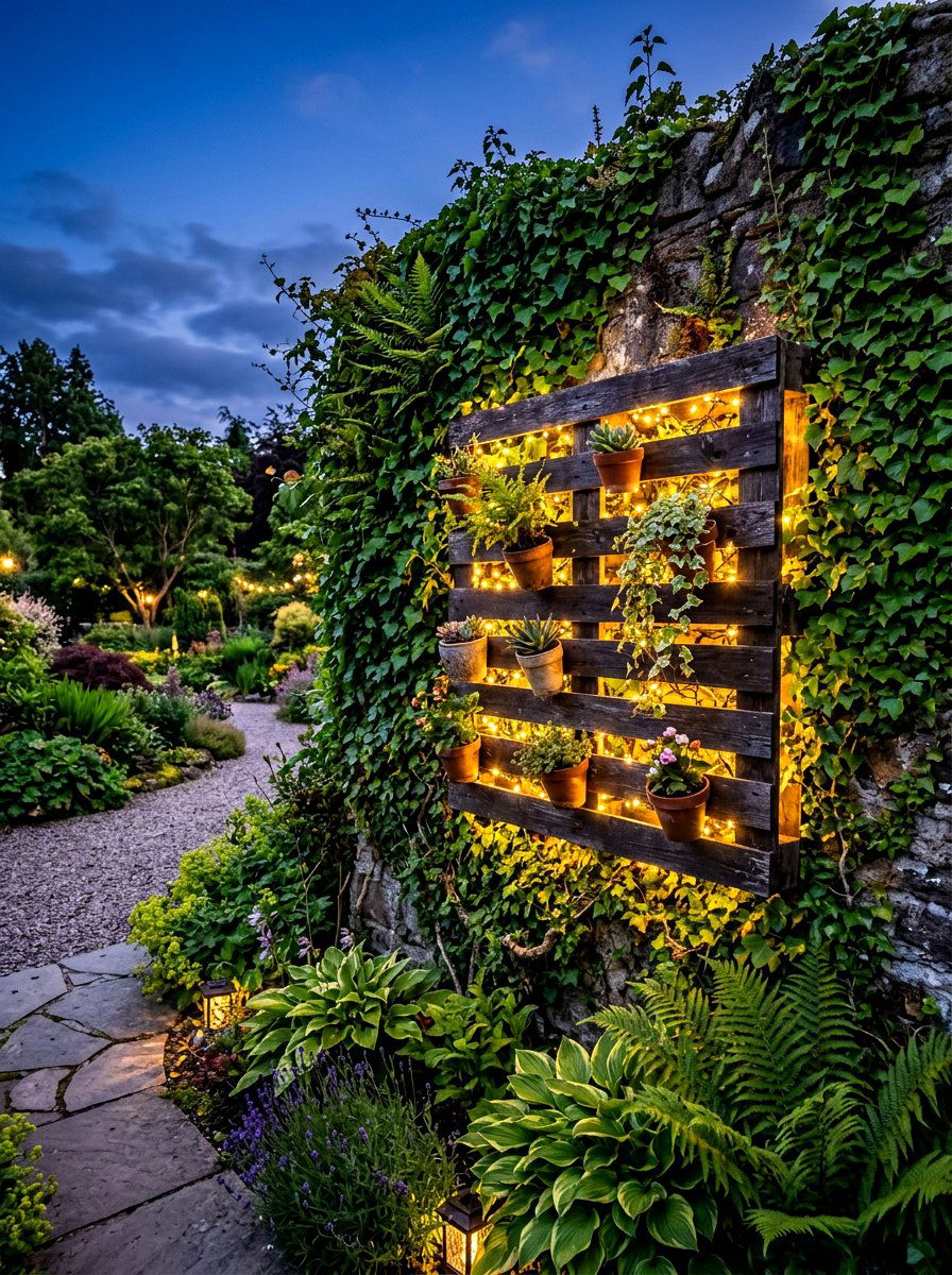 Lighted Pallet Display - 30 pallet garden wall ideas