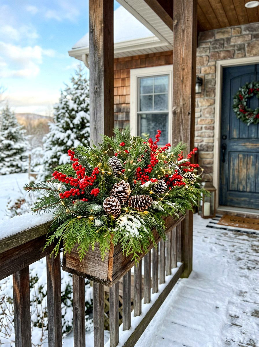 Lighted winter planter box - 30 front porch winter glow ideas