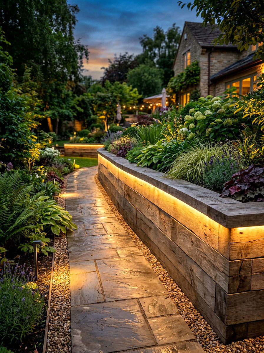 Lighting Recessed Sleeper - 30 timber retaining wall ideas