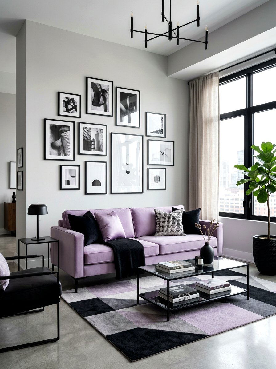 Lilac and black accents - 30 lilac living room ideas