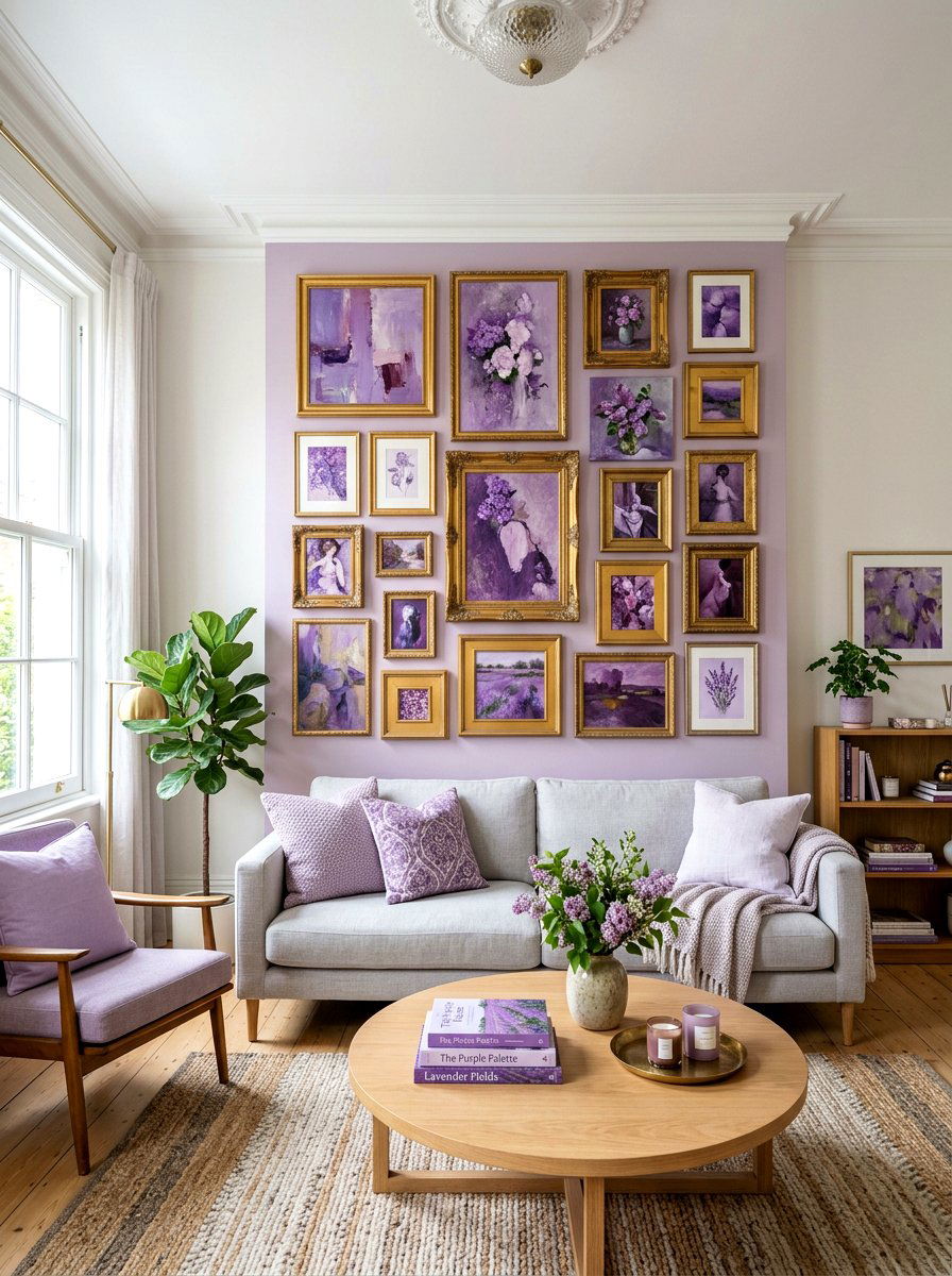 Lilac art gallery wall - 30 lilac living room ideas