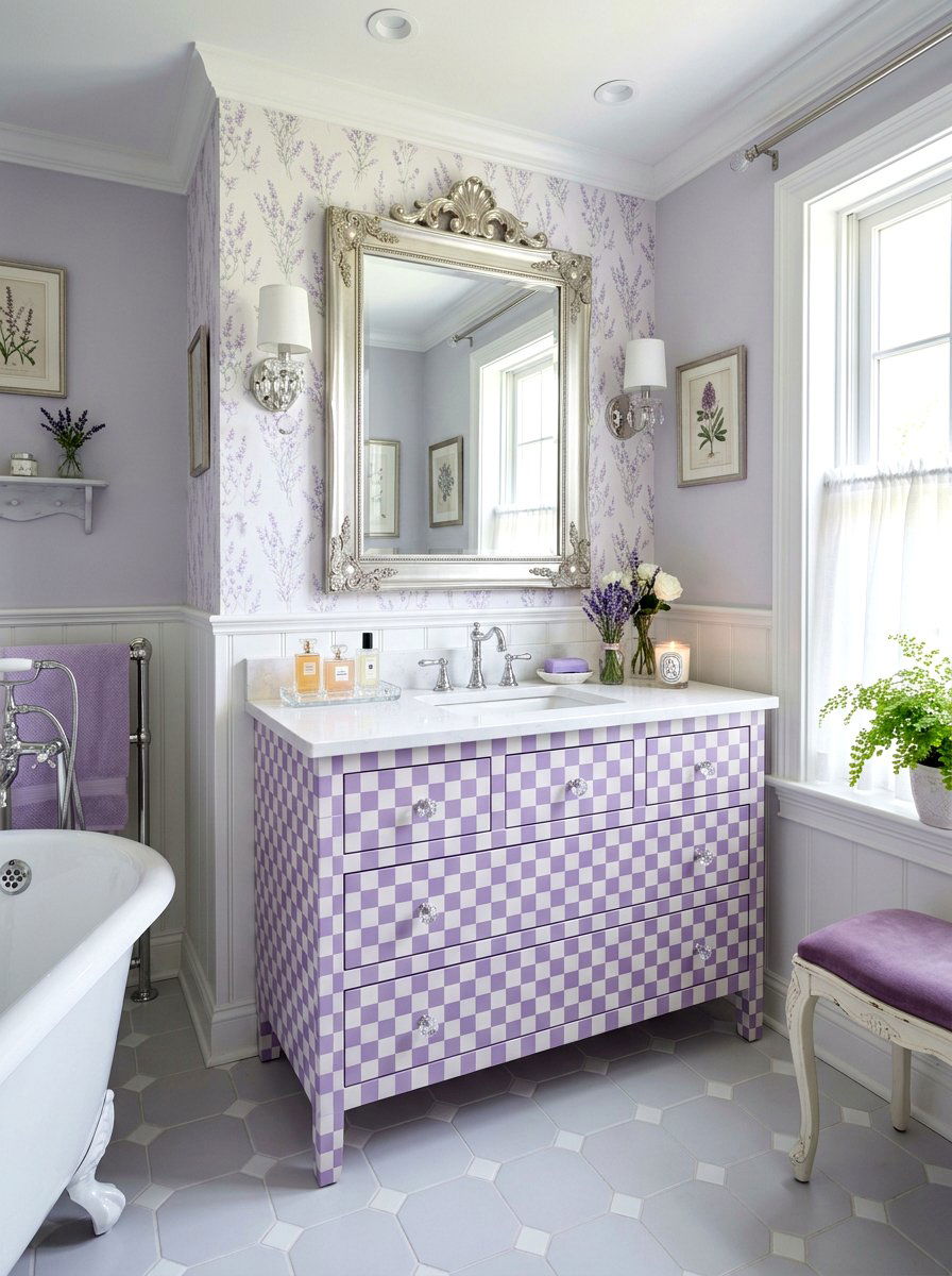 Lilac checkerboard vanity - 30 bright checkerboard decor ideas
