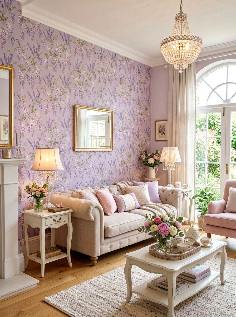 Lilac floral wallpaper - 30 lilac living room ideas