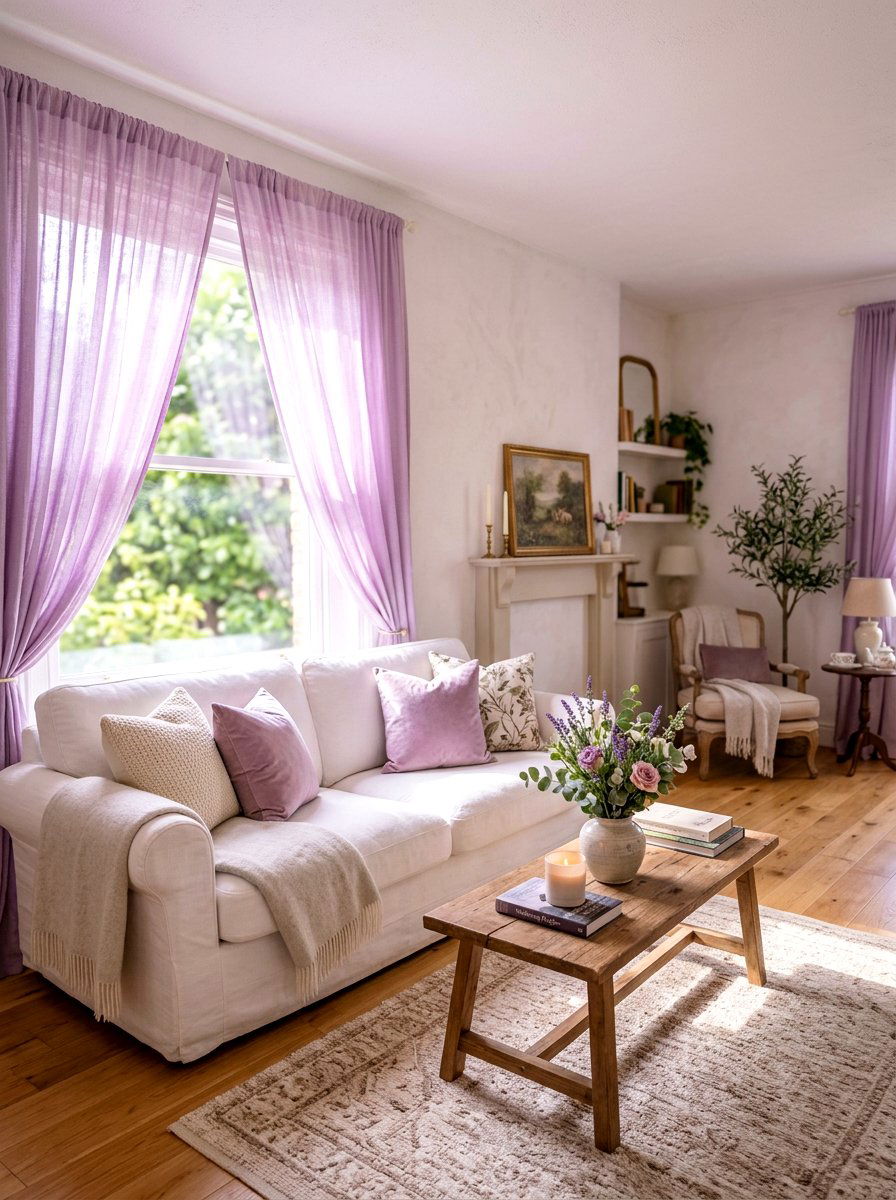 Lilac sheer drapes - 30 lilac living room ideas