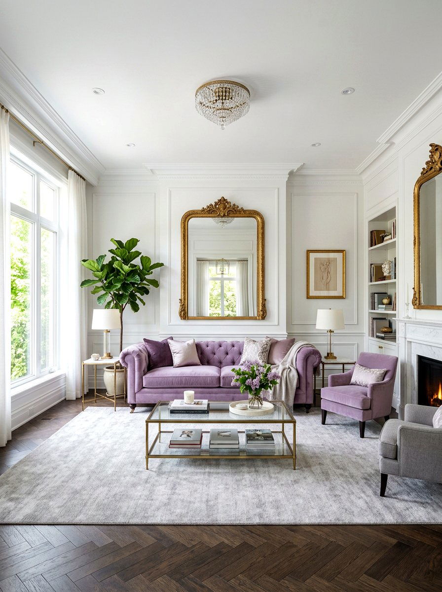 Lilac velvet sofa - 30 lilac living room ideas