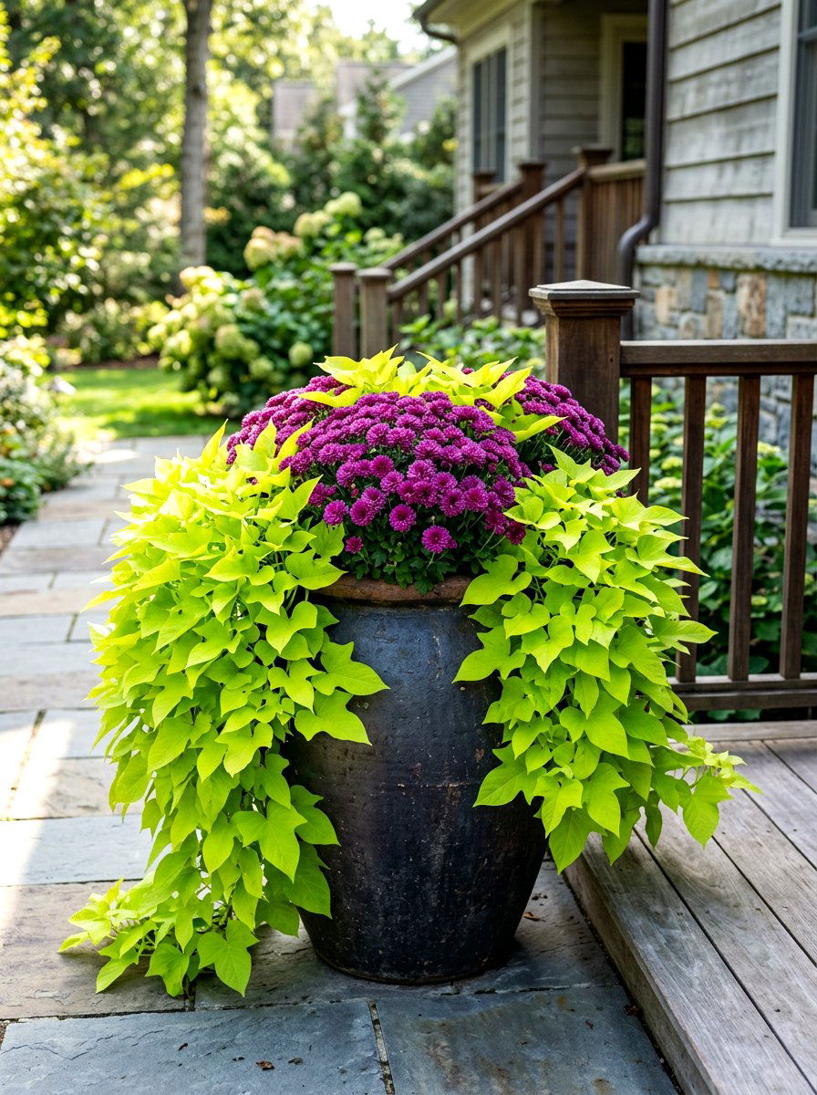 Lime Green Sweet Potato Vine - 30 fall porch planter ideas