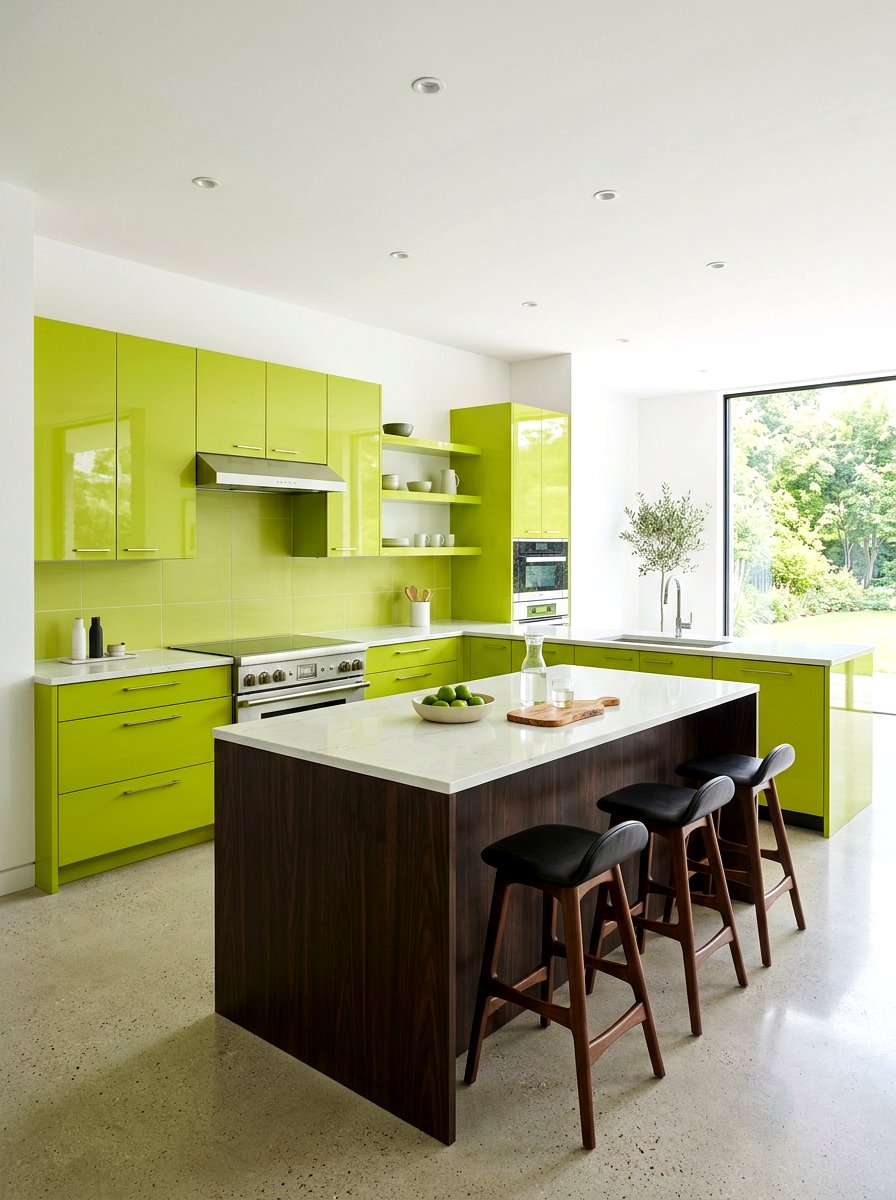 Lime green and dark wood kitchen - 30 green and wood kitchen ideas