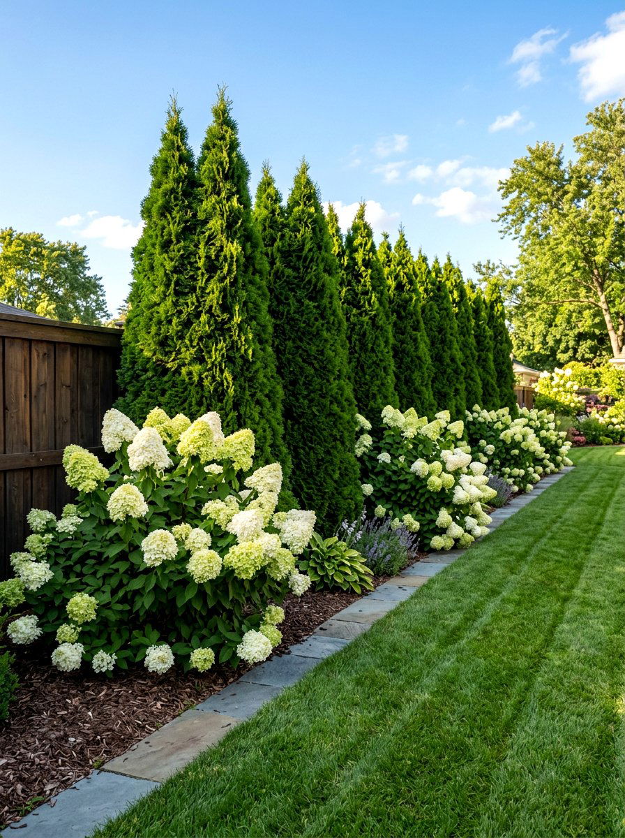 Limelight hydrangea and arborvitae privacy screen - 30 evergreen and hydrangea landscape ideas