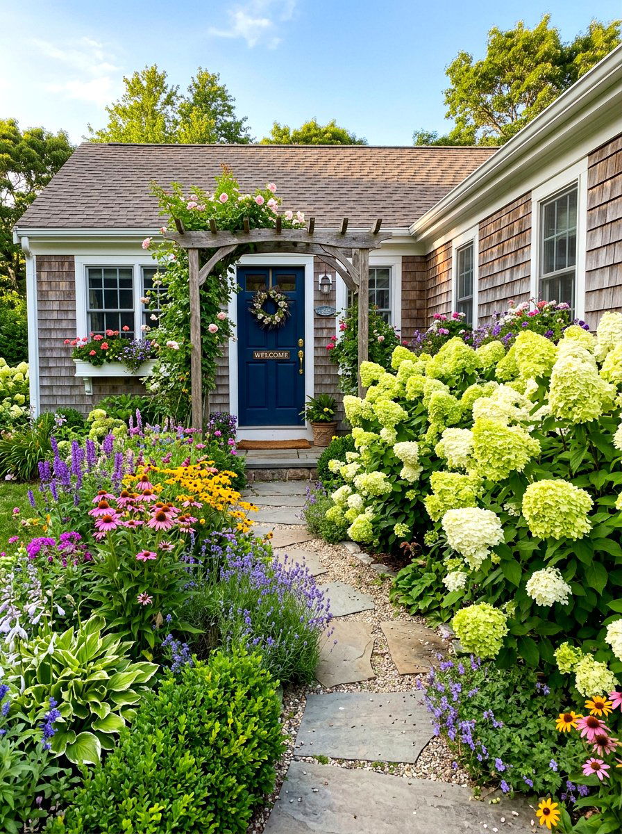 Limelight hydrangea cottage garden entry - 30 hydrangea heavy front porch ideas