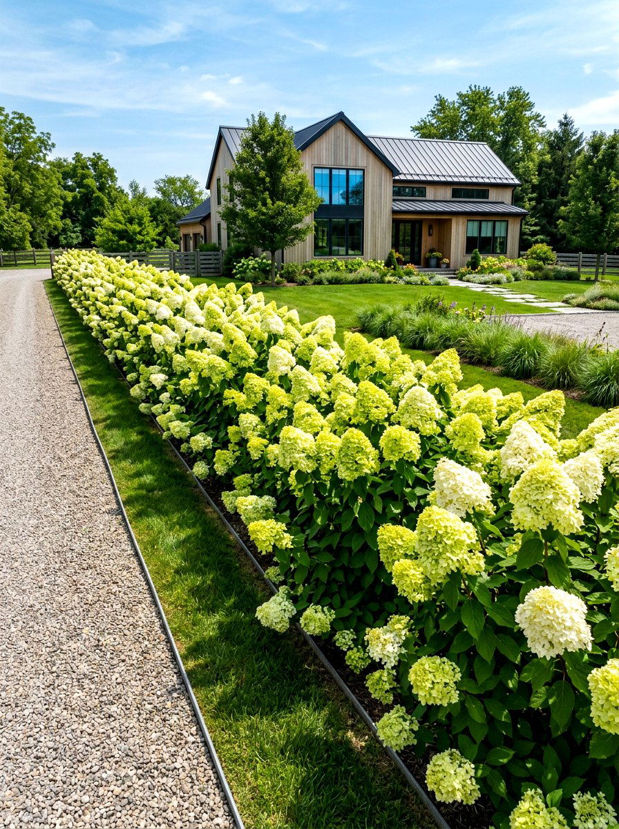 Limelight hydrangea property border - 30 hydrangea hedge ideas